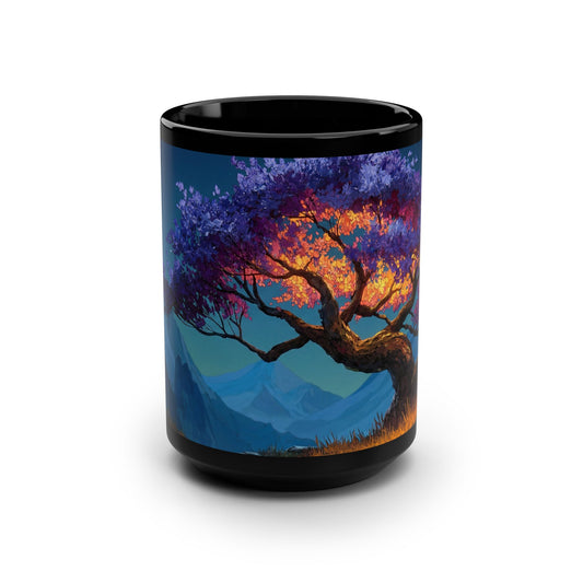 Twilight Bloom Black Mug, 15oz – Violet Canopy and Golden Glow
