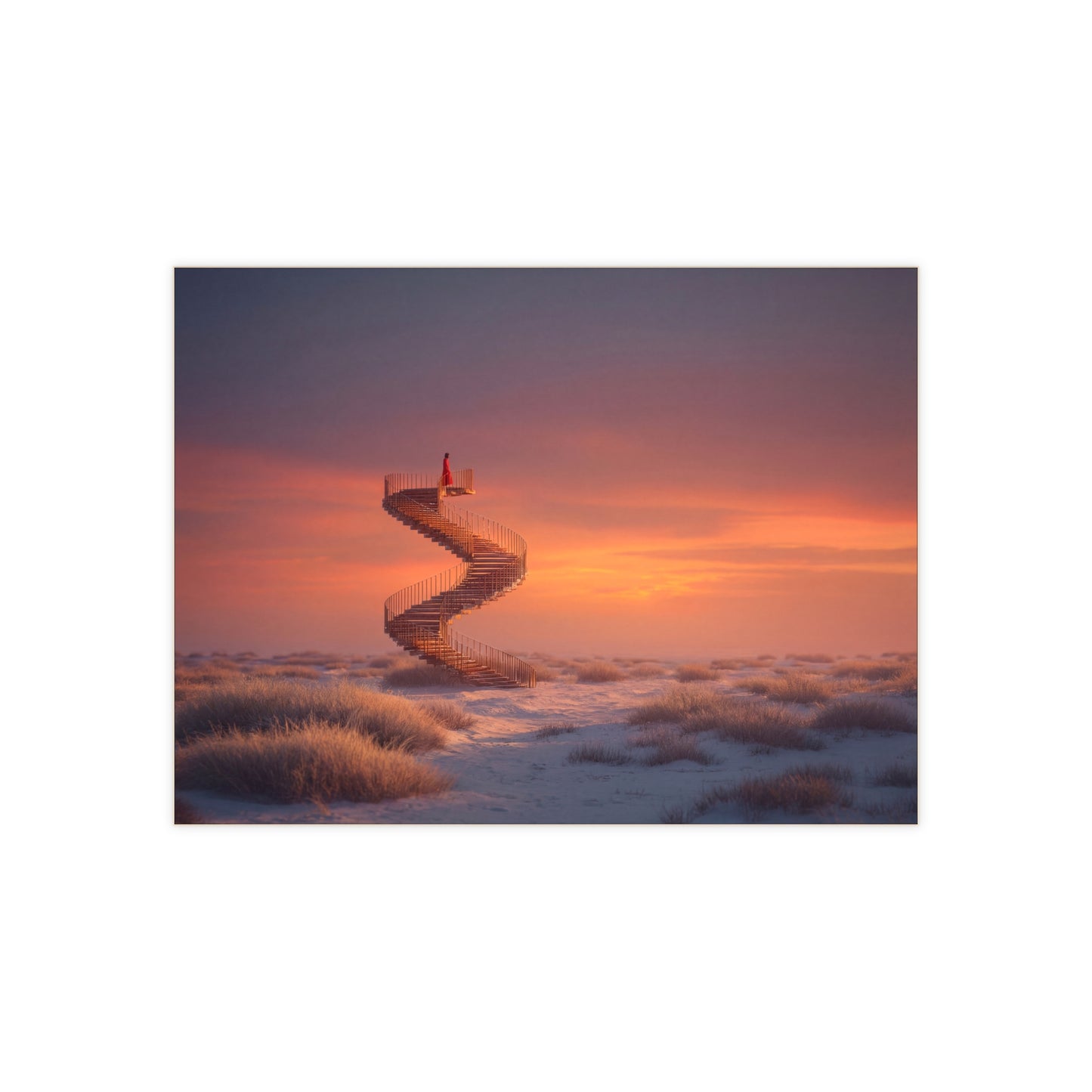 Solitary Spiral Staircase Ceramic Photo Tile – Sunset Ascension in a Whispering Dune