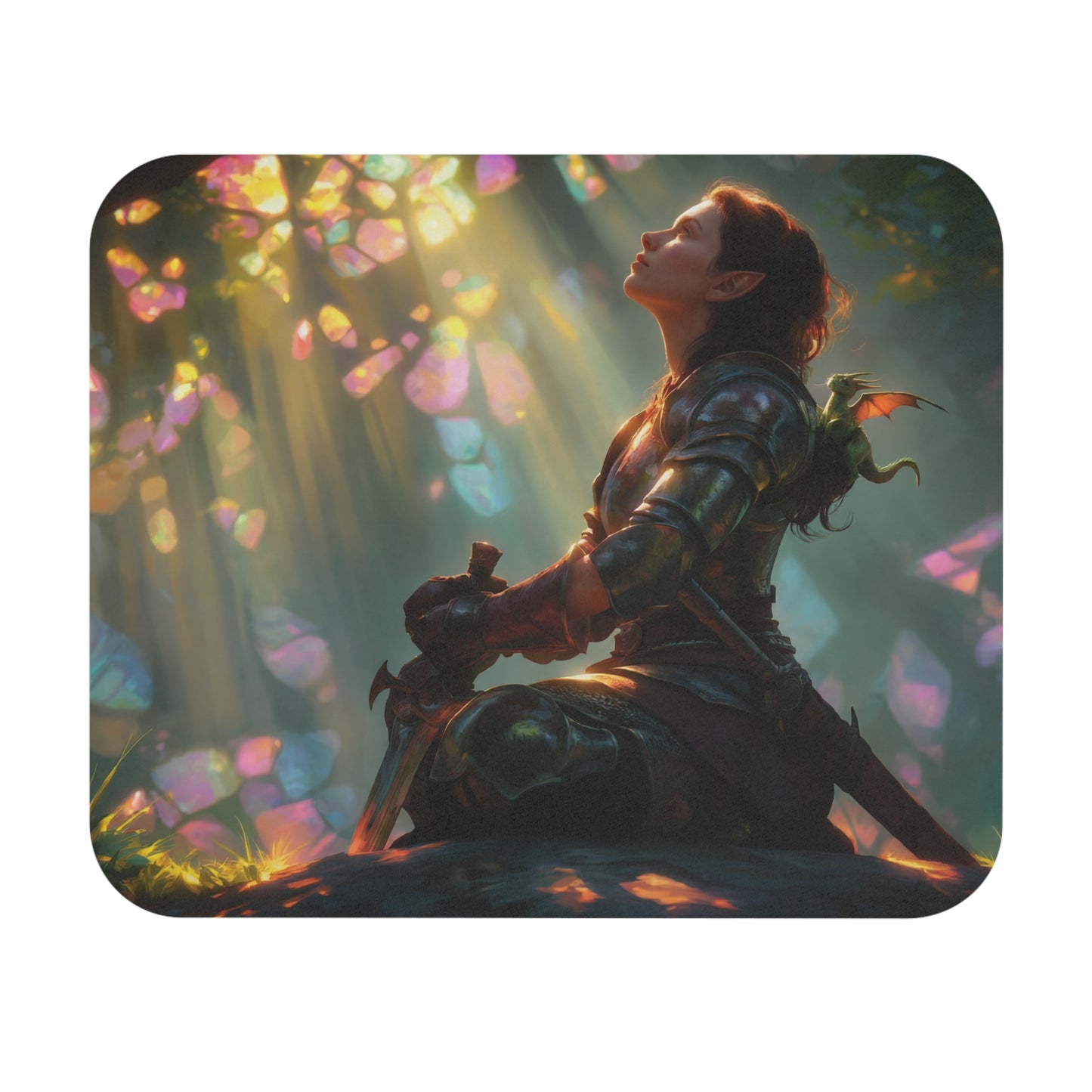 Elf Knight with Tiny Dragon Mouse Pad – Sunlit Crystal Grove Sanctuary