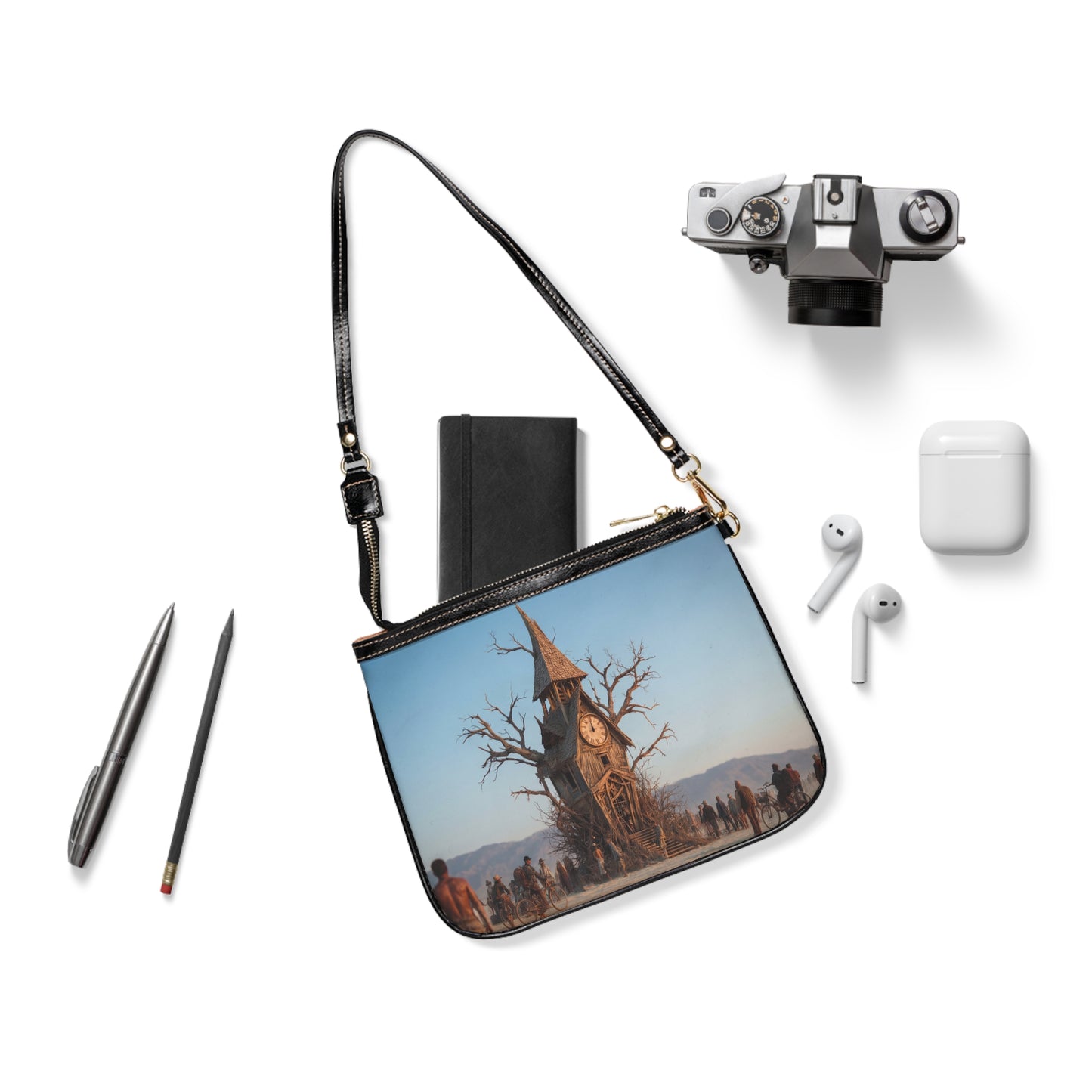 Clock Tower in the Desert Tree Small Shoulder Bag – Whimsical Timekeeper in a Withered Grove