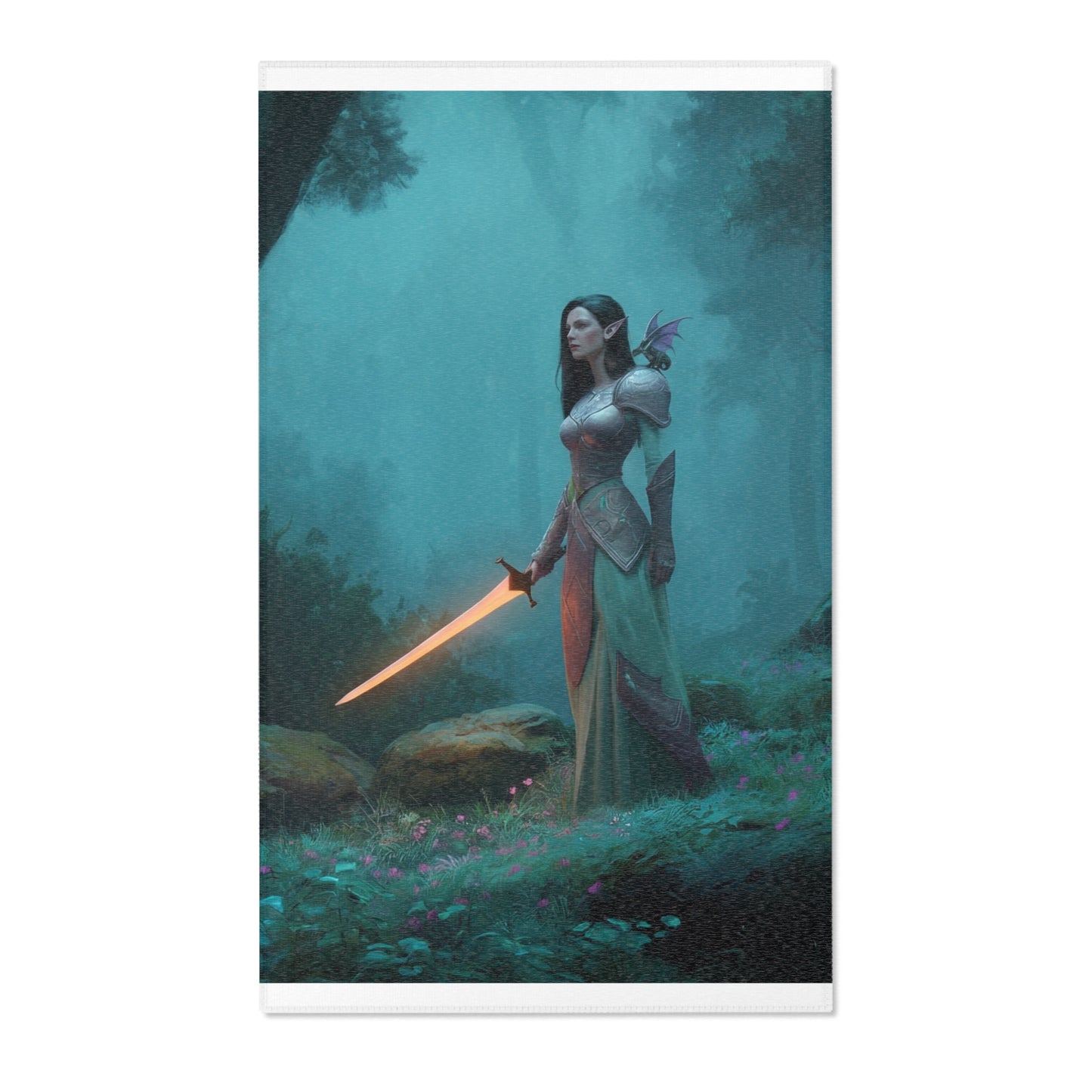 Elven Sentinel Area Rug – Twilight Grove with Glowing Blade