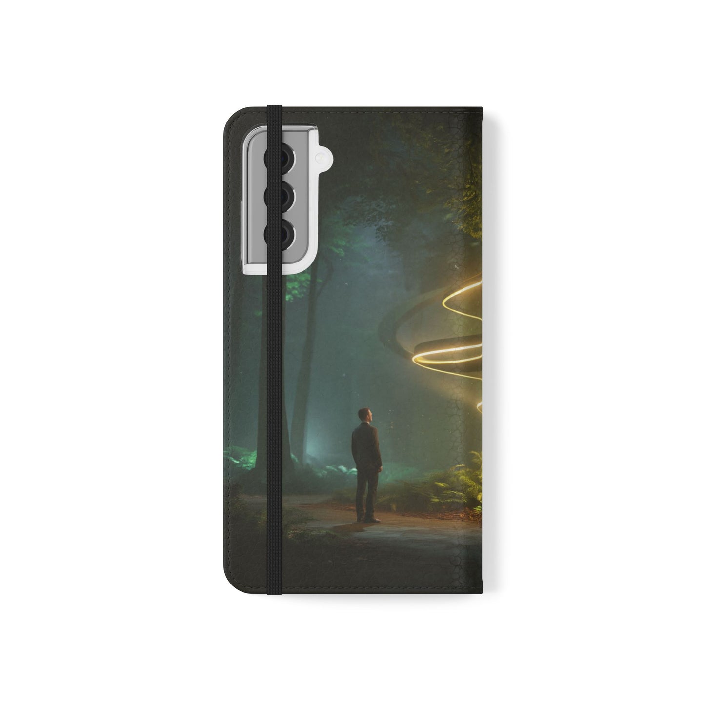Luminous Spiral Forest Flip Cases – Golden Light Rings Mystery Scene