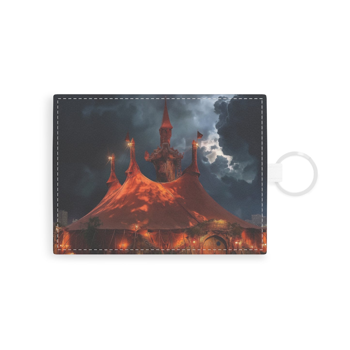 Crimson Circus Tent Saffiano Leather Card Holder – Neon Nightscape Wonder