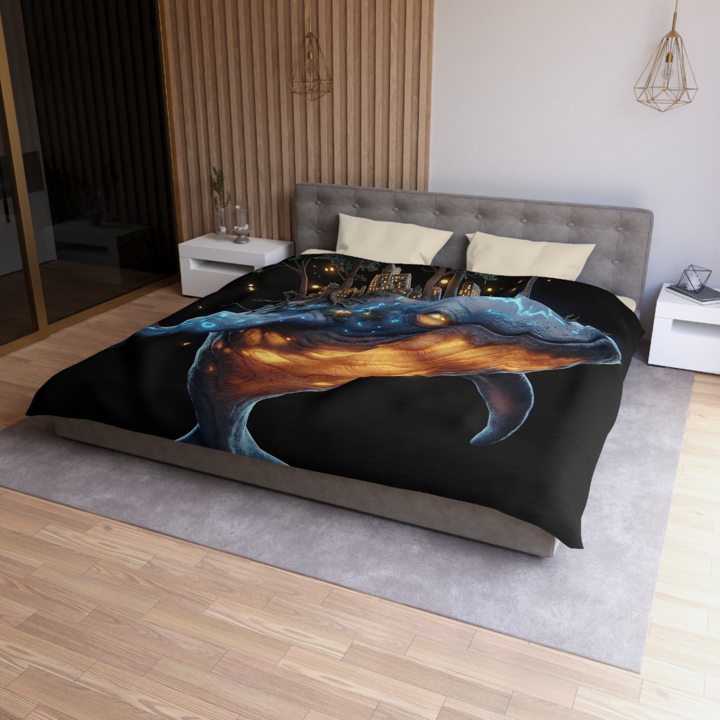 Bioluminescent Whale Sanctuary Duvet Cover – Floating City on a Gentle Giant
