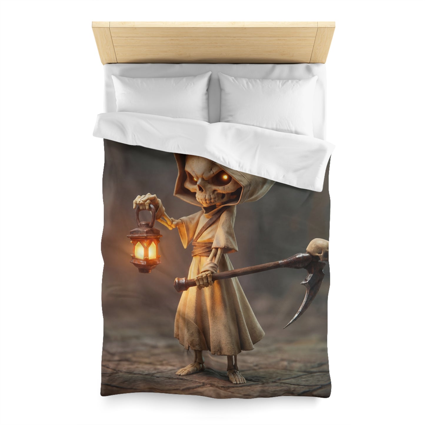 Lantern-Bearing Reaper Microfiber Duvet Cover – Warm Glow Through Twilight Shadows