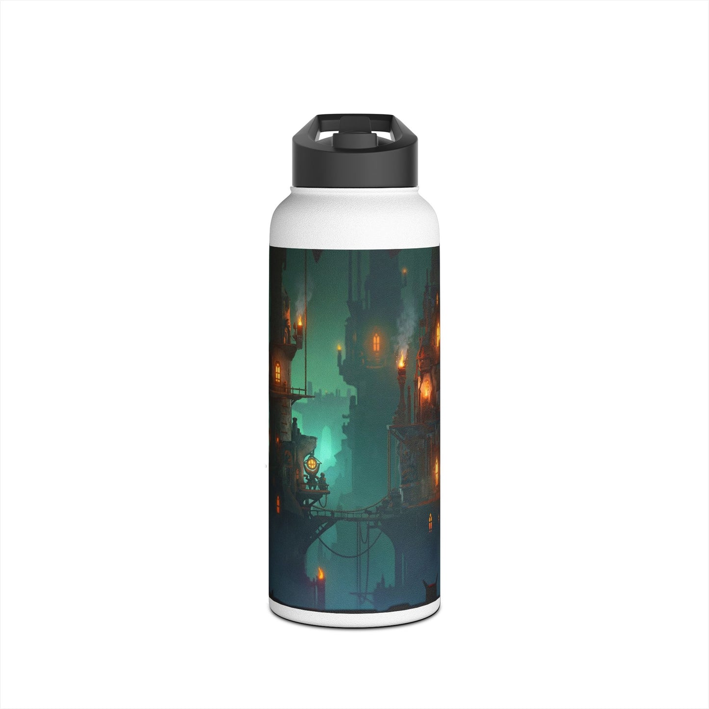 Floating City at Dusk Stainless Steel Water Bottle – Warm Lights Among the Mist