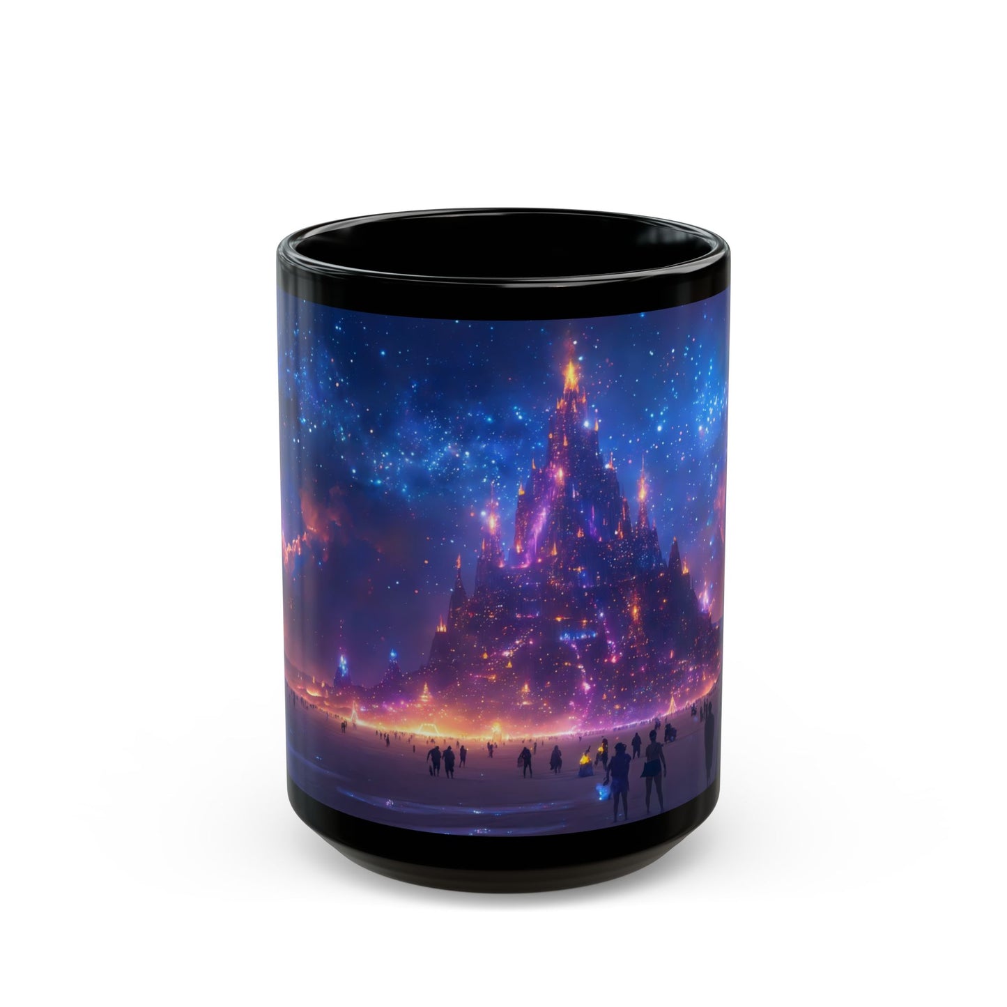 Cosmic Spire Black Mug – Night Sky Citadel Dreamscape