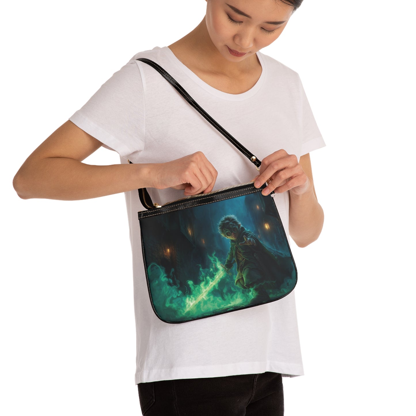 Green-Eyed Apprentice with Glowing Sword Small Shoulder Bag – Midnight Alley Magic