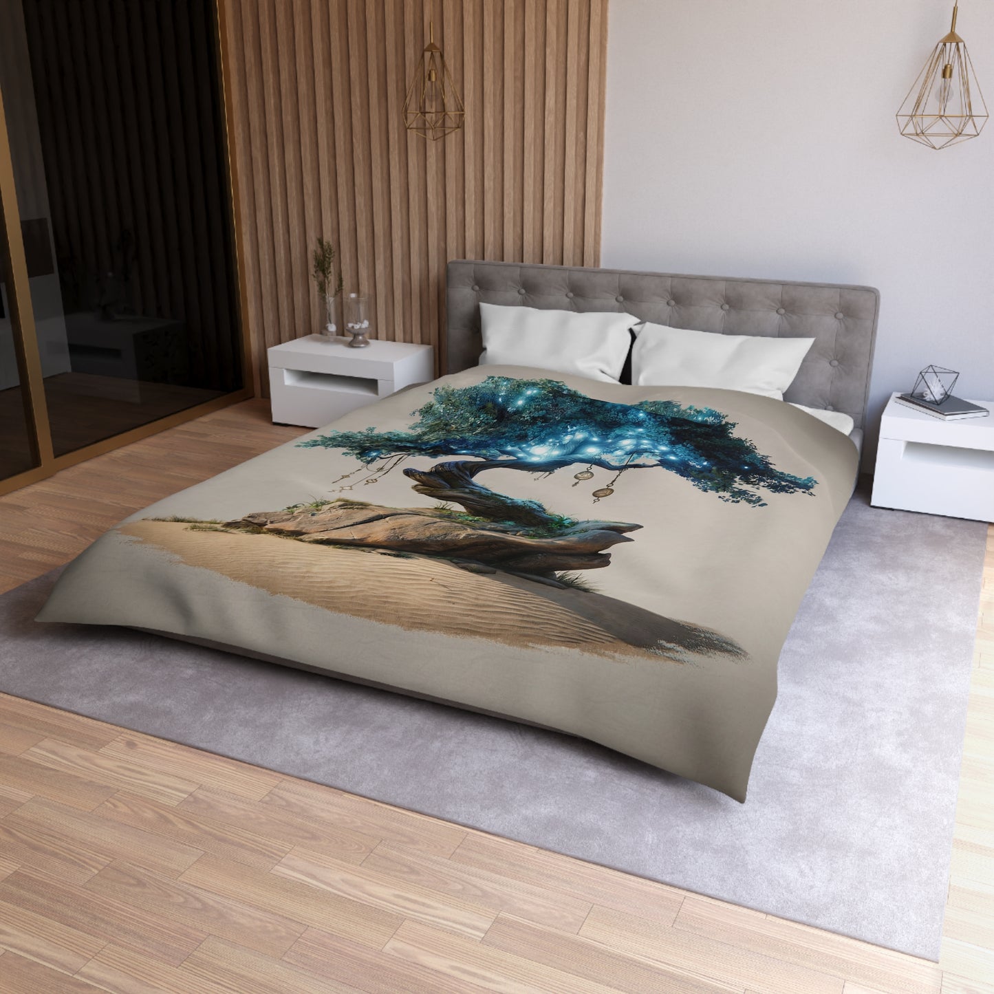 Luminescent Wisdom Tree Microfiber Duvet Cover – Desert Oasis with Glowing Canopy
