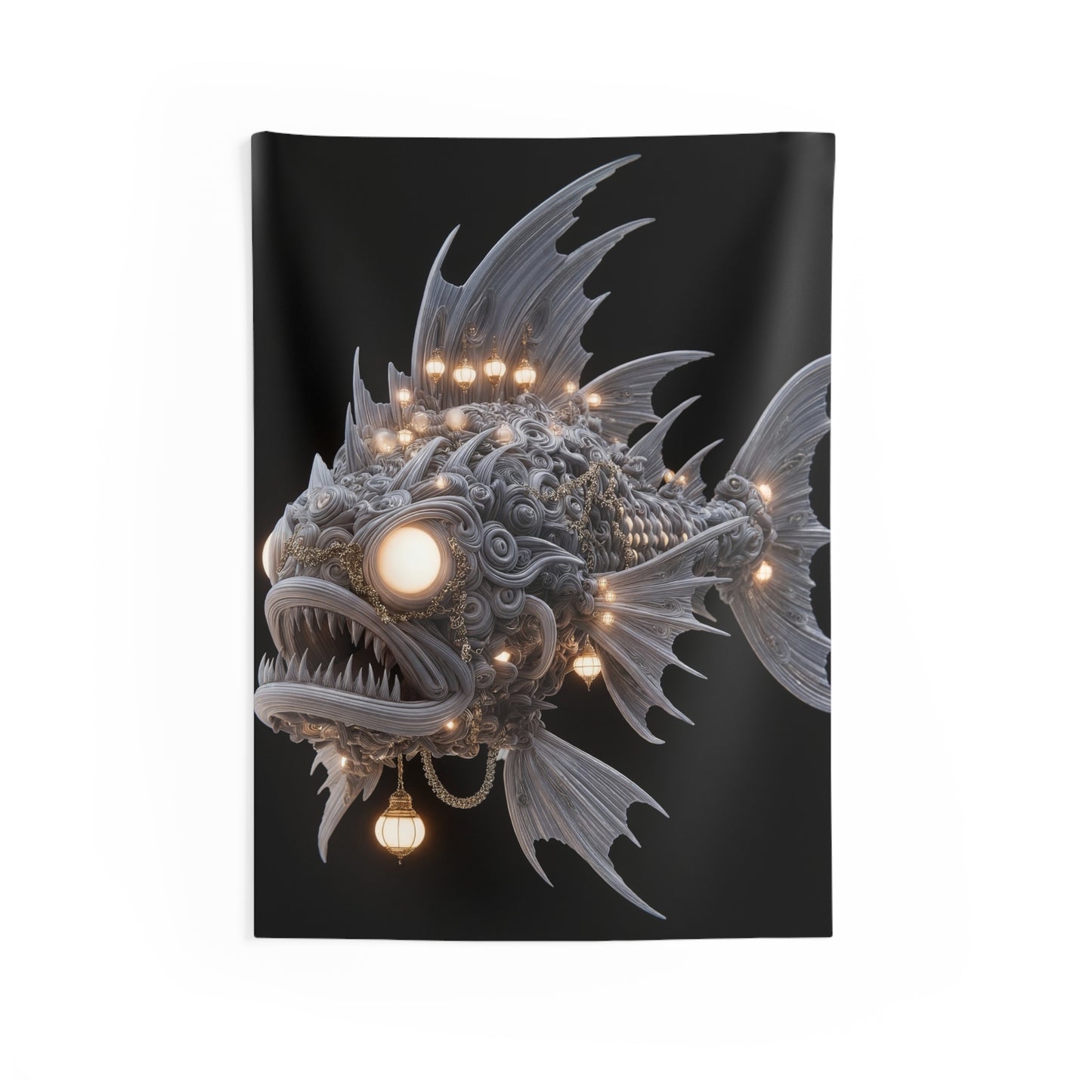 Luminous Deep-Sea Guardian Fish Tapestry – Abyssal Lanterns Against Void