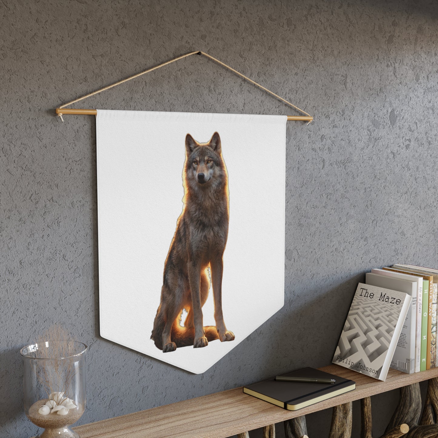 Golden Hour Wolf Pennant – Sunset Sentinel on Black Background