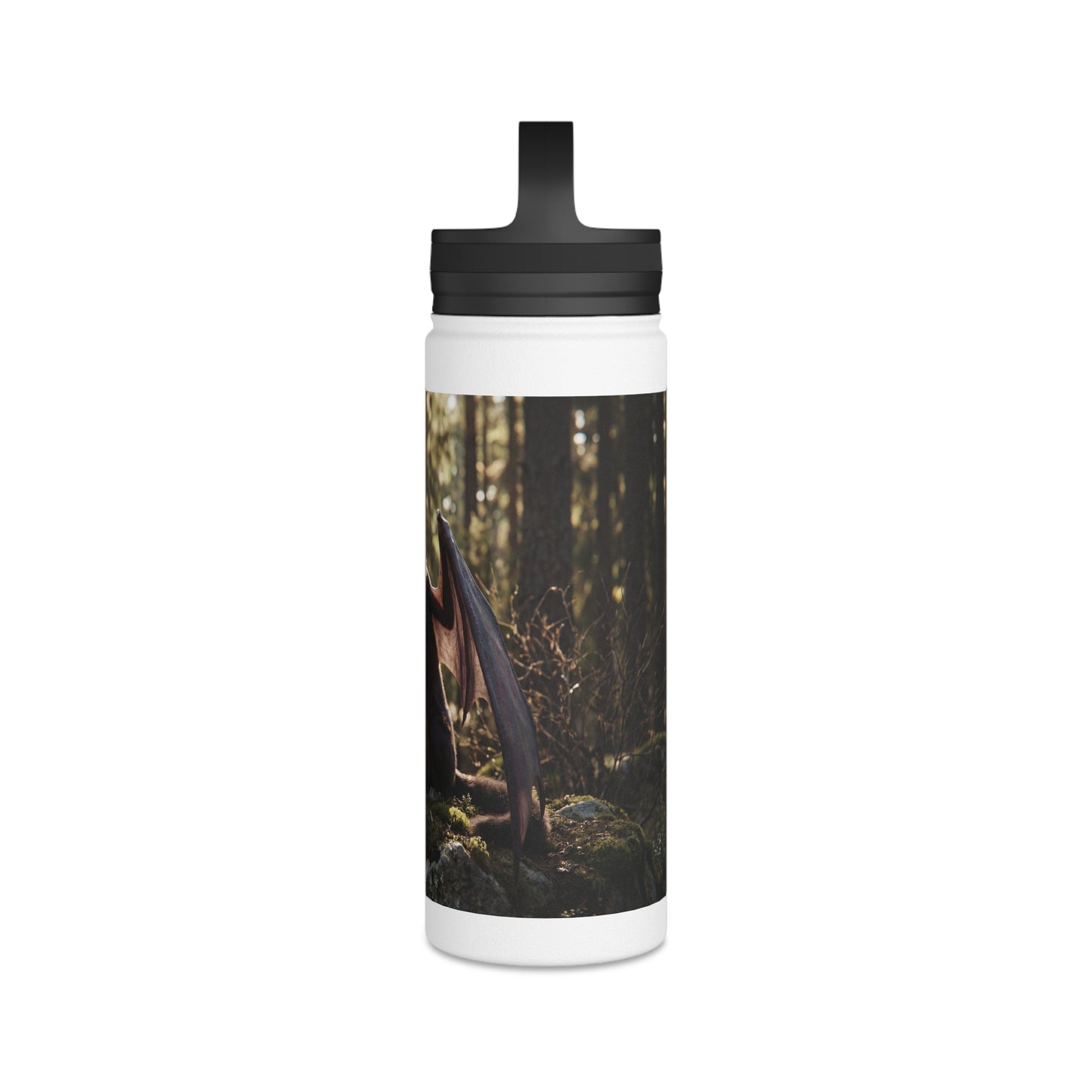 Winged Wolf in Sunlit Forest Stainless Steel Water Bottle, Handle Lid – Guardian of the Mossy Glade
