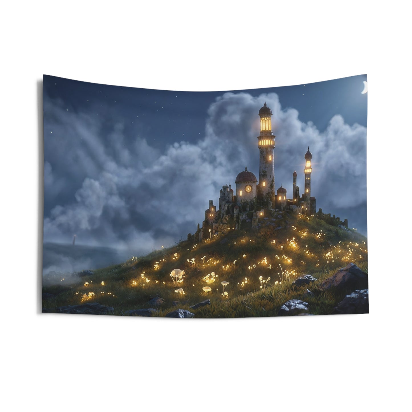 Moonlit Lighthouse Castle Tapestry – Whispers of the Night Watch