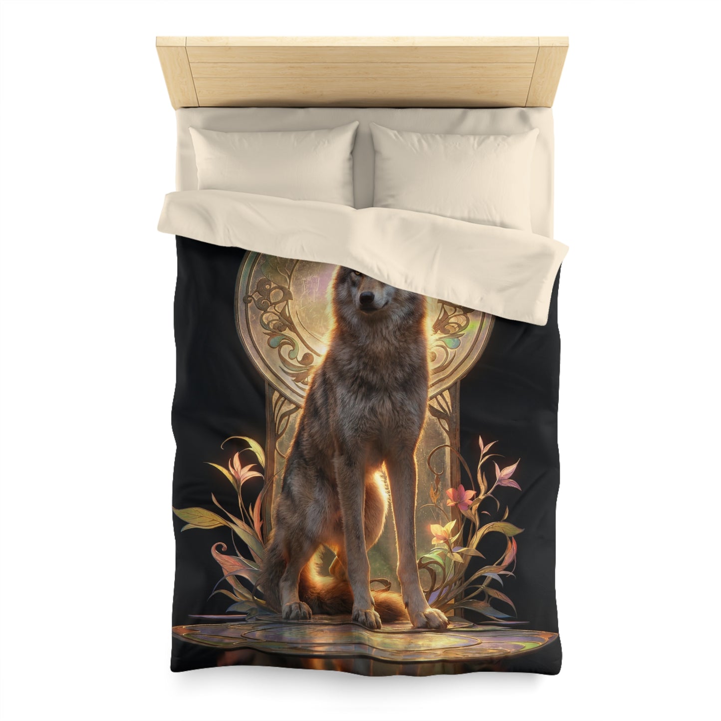 Regal Wolf Throne Duvet Cover – Golden Light Through Art Nouveau Arch