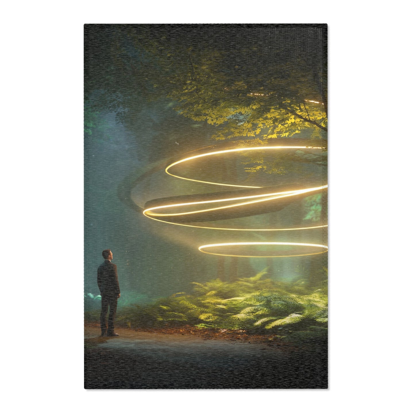 Luminous Spiral Forest Rug – Golden Orb Sanctuary