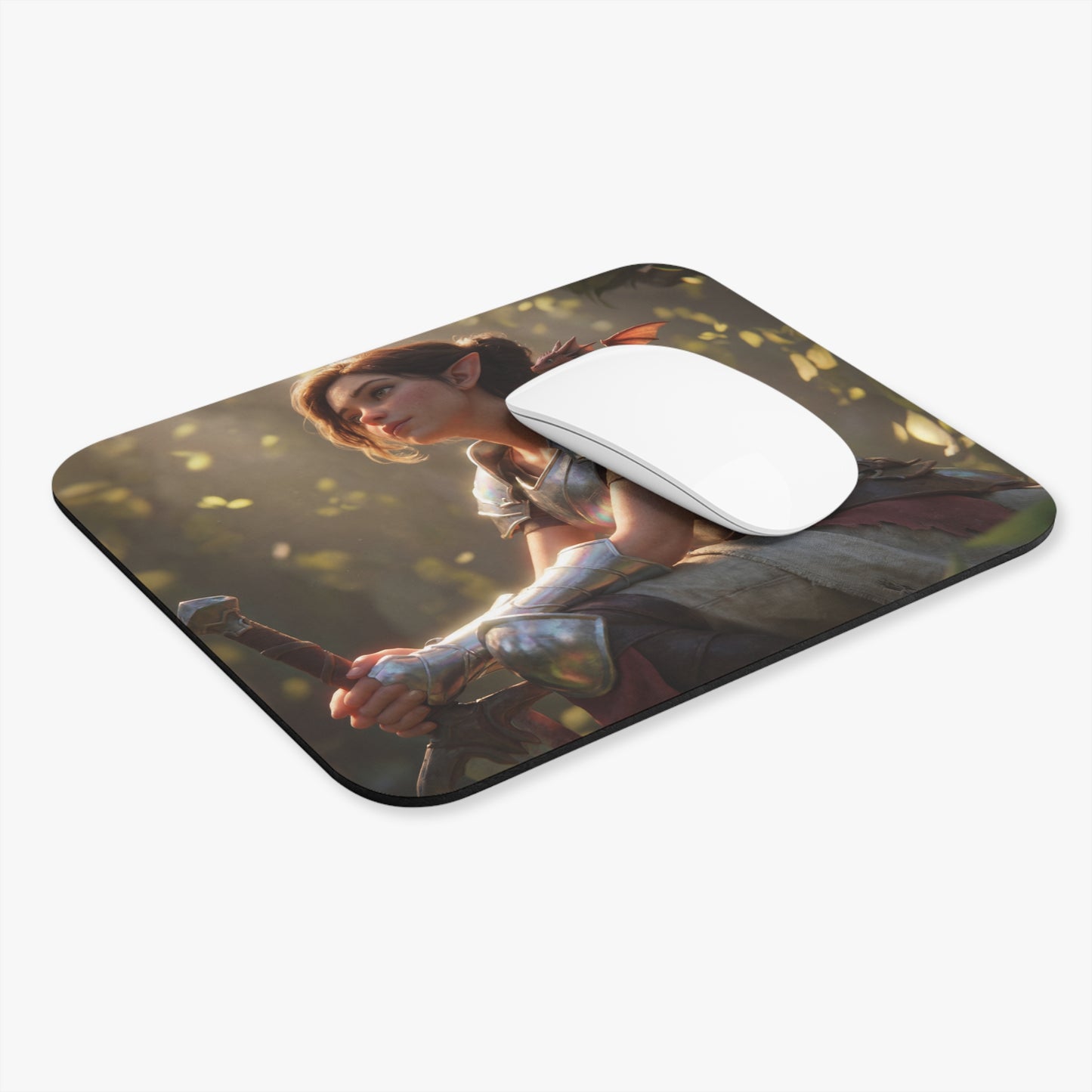 Elven Sentinel Mouse Pad – Sunlit Grove with Tiny Dragon Companion