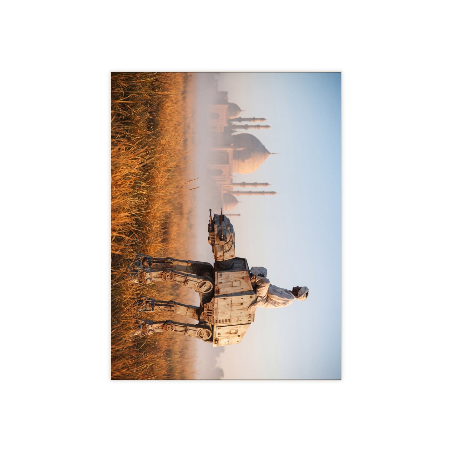 Man on AT-AT in Golden Field Ceramic Photo Tile – Taj Mahal Sunrise Fusion
