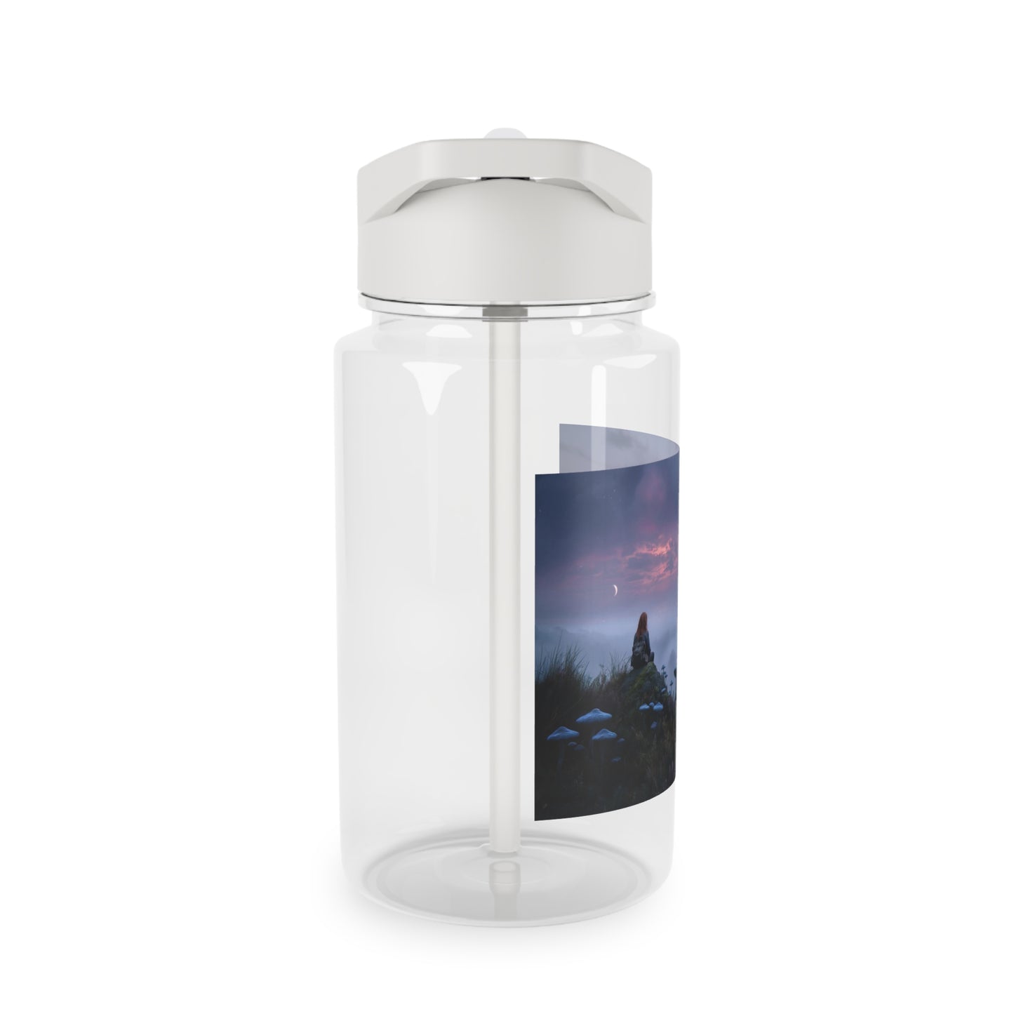 Twilight Hilltop Tritan Water Bottle – Mossy Rock and Crescent Moon Vignette