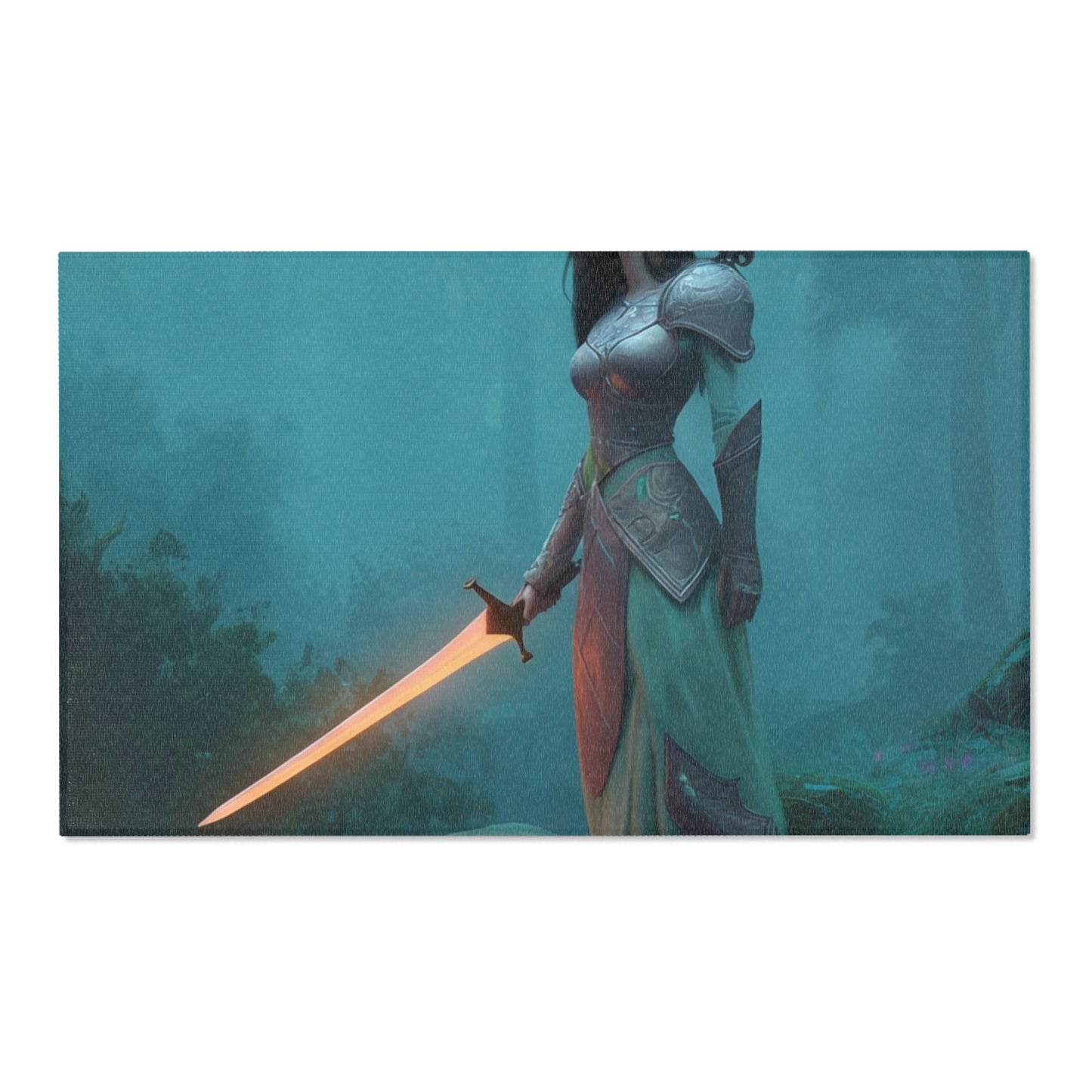 Elven Sentinel Area Rug – Twilight Grove with Glowing Blade