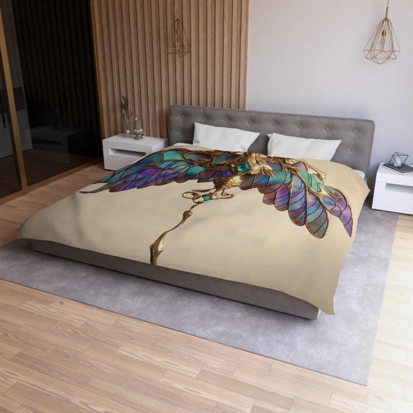 Celestial Phoenix Key Duvet Cover – Wings of Starlit Glass