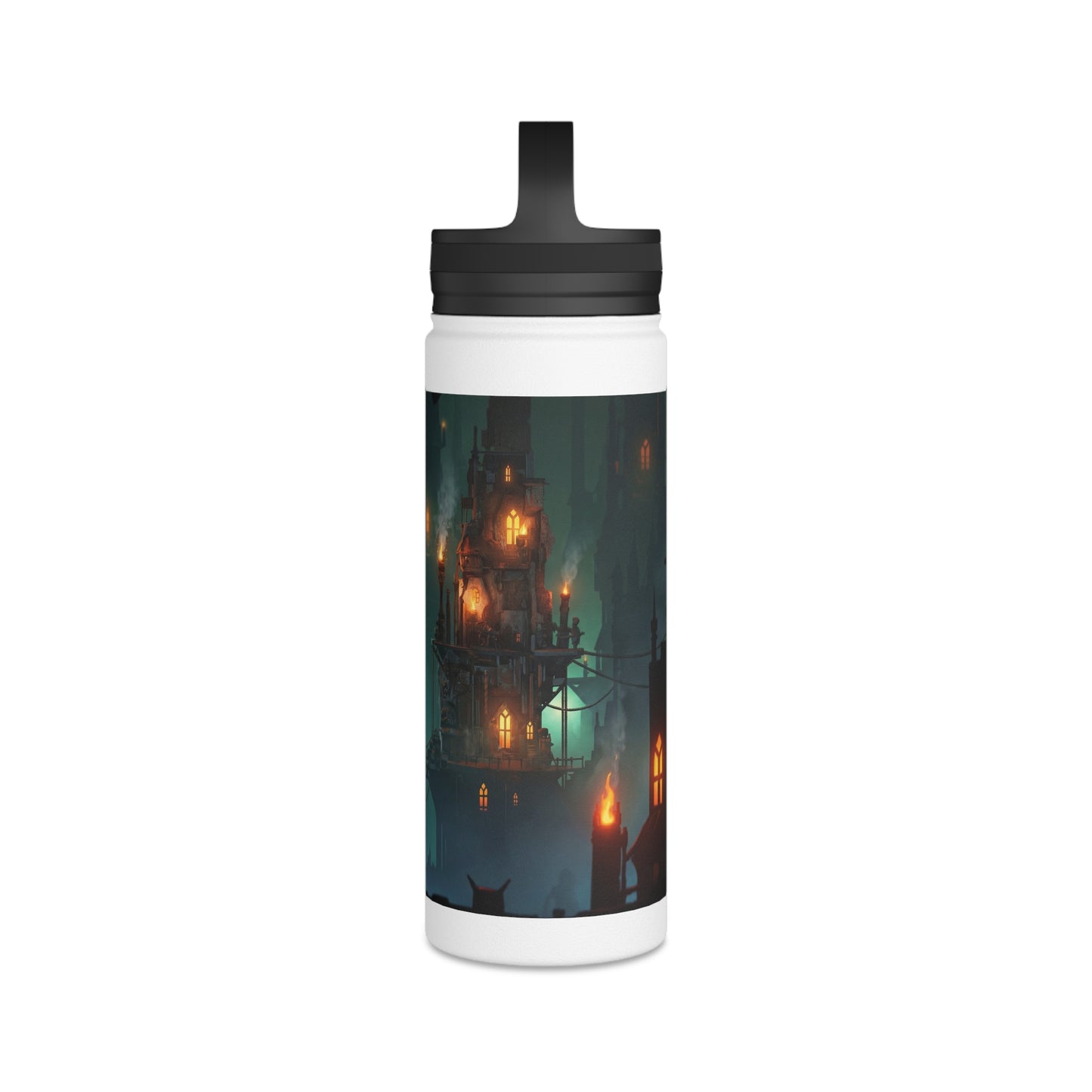 Aerial City of Lanterns Stainless Steel Water Bottle, Handle Lid – Glow in the Misty Canopy