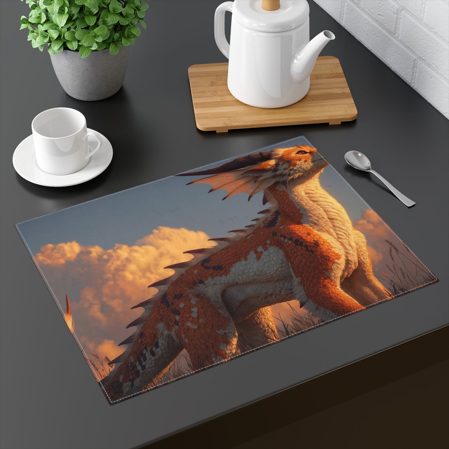 Sunset Sentinel Placemat – Warm Orange Dragon in Golden Grass
