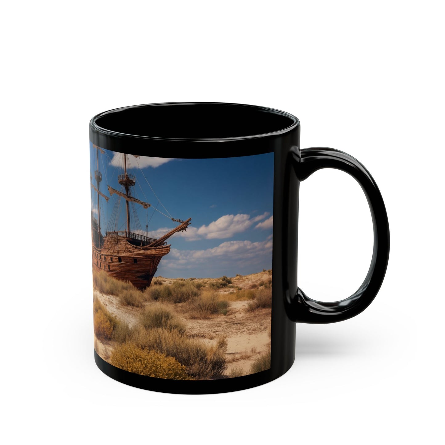 Desert Shipwreck Black Mug – Sun-Drenched Sand and Salted Skies