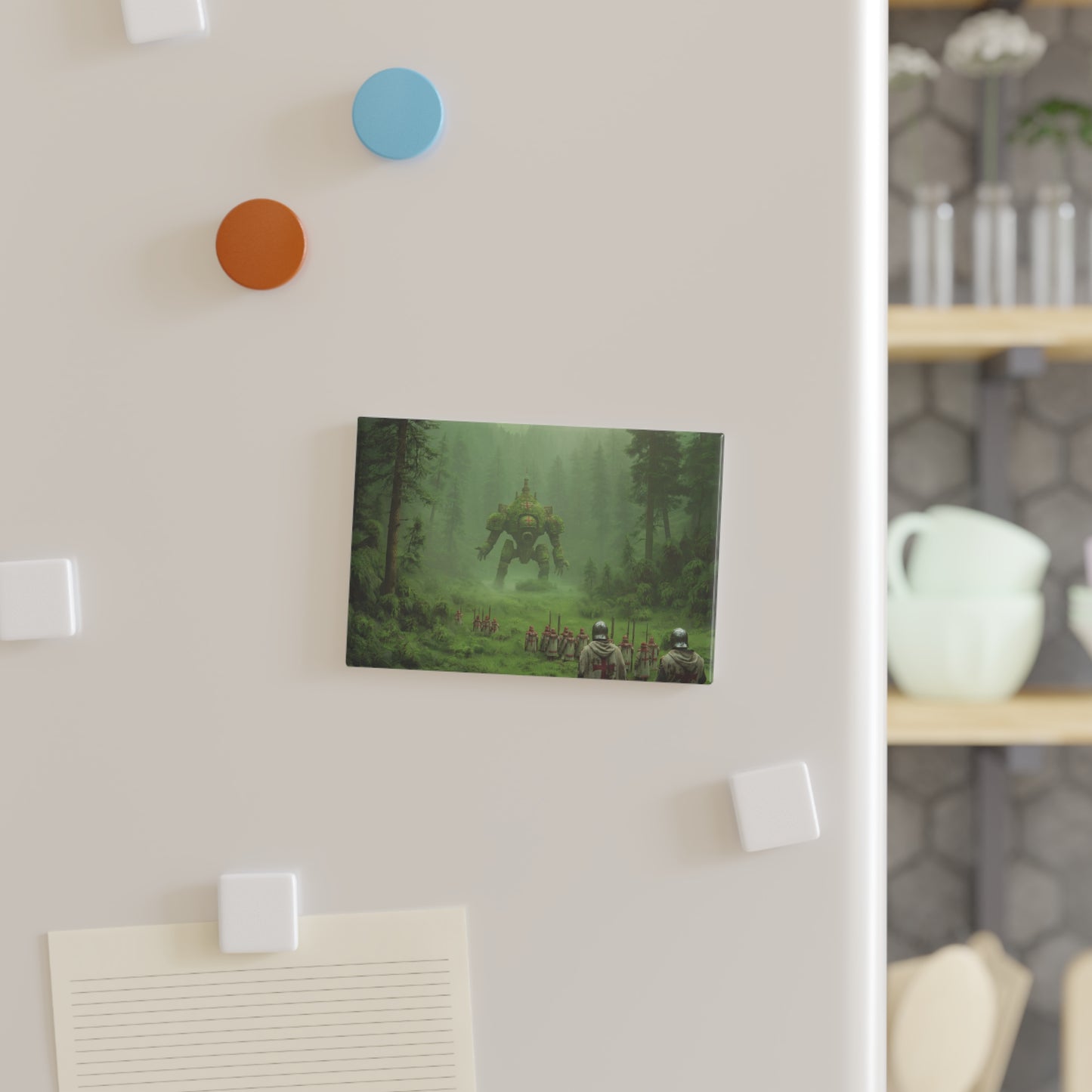 Moss-Covered War Machine Button Magnet, Rectangle (1 & 10 pcs) – Forest’s Silent Sentinel