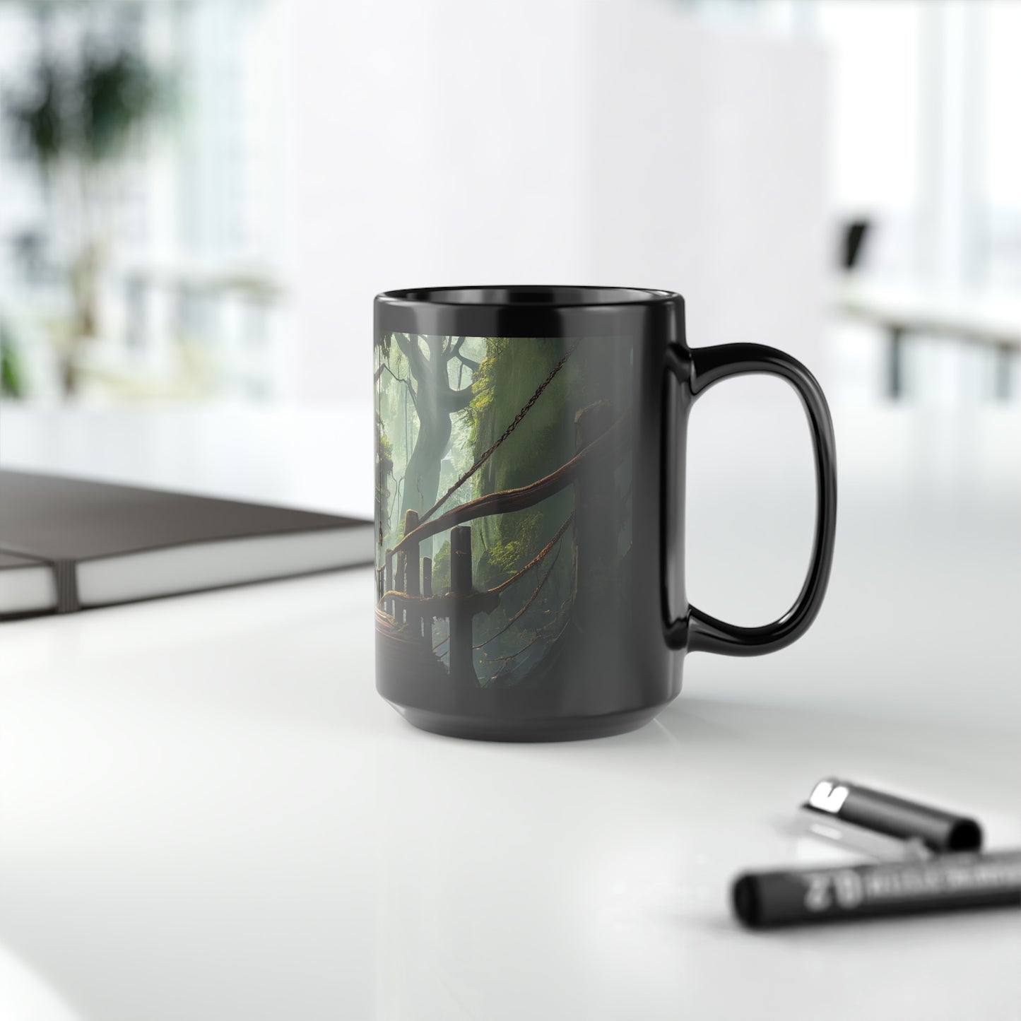 a dnd adventurer standing on a rope bridge between two giant trees among a treetop village in the forest - Mug, Black