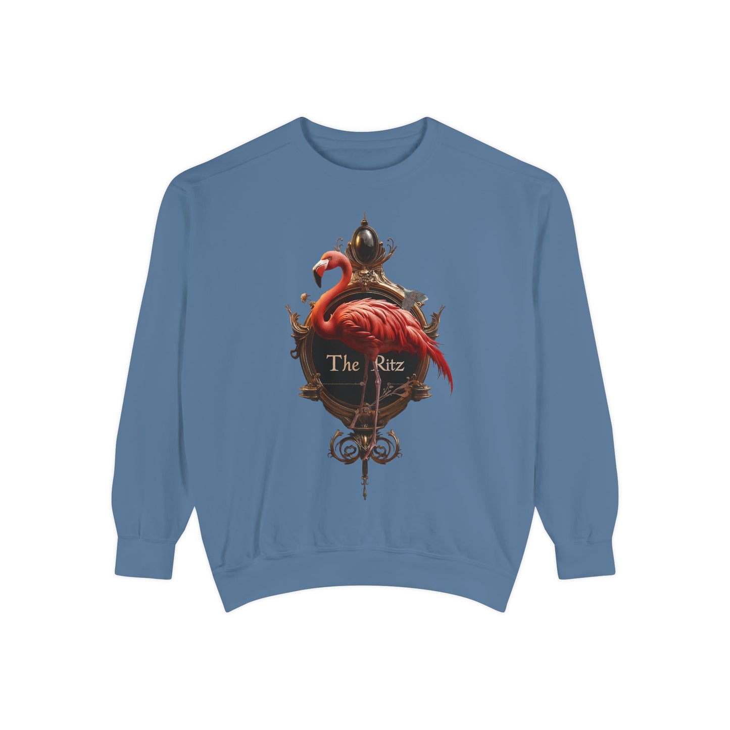Ritz Flamingo Unisex Garment-Dyed Sweatshirt – Brass Ornate Crest with Pink Bird