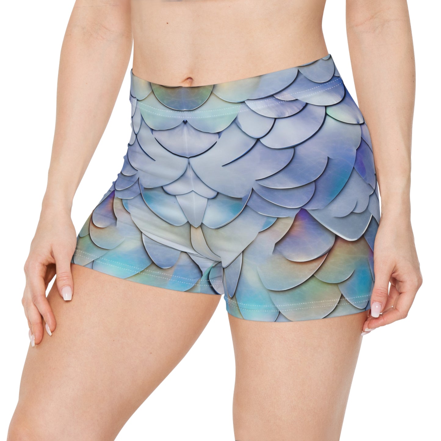 shimmering intricate iridescent rainbow opalescent incandescent stained glass white dragon scales - Women's Shorts (AOP)