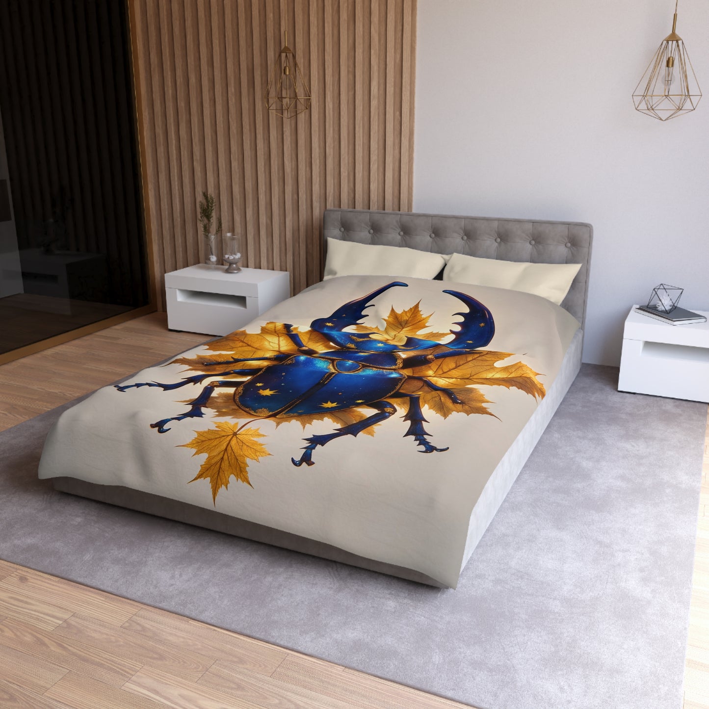 Celestial Beetle Microfiber Duvet Cover – Night Sky Guardian on Maple Leaves