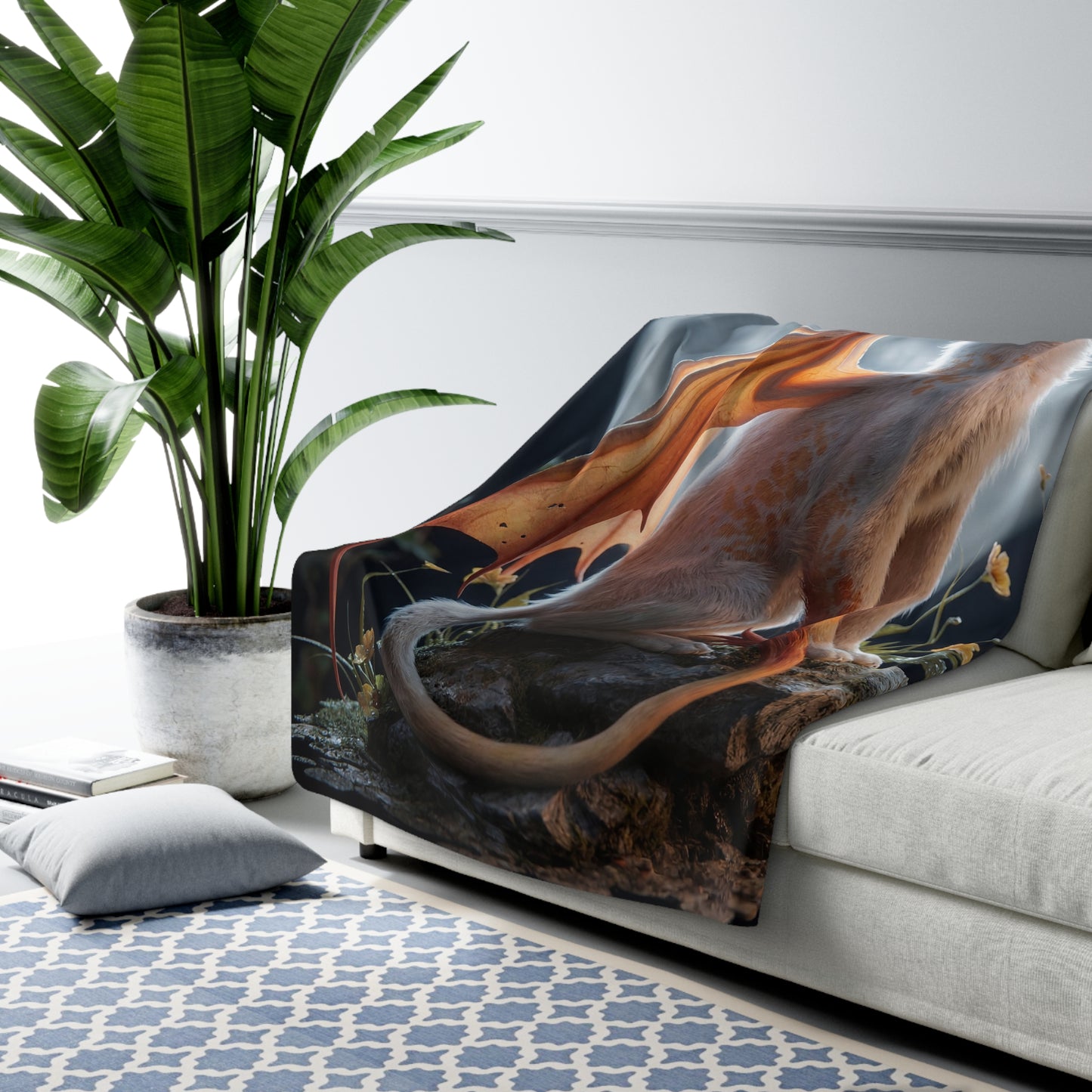 Moonlit Dragon Cat Sherpa Fleece Blanket – Crescent Guardian Dreamscape