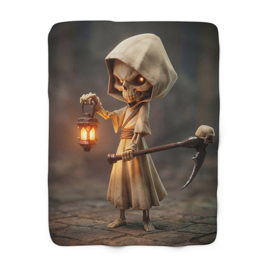 Lantern-Bearing Reaper Sherpa Fleece Blanket – Warm Glow in the Shadowed Path