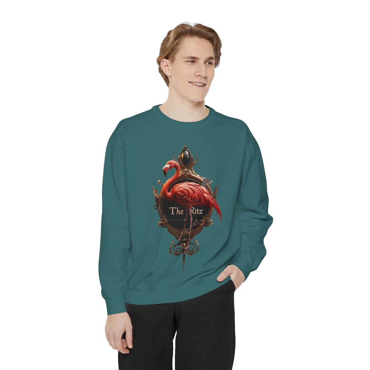 Ritz Flamingo Unisex Garment-Dyed Sweatshirt – Brass Ornate Crest with Pink Bird