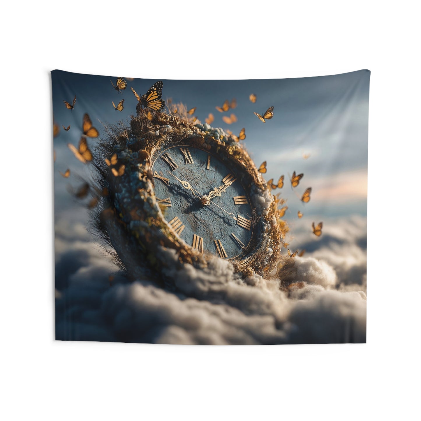 Monarch Clock Wall Tapestry – Timeless Wings Over Cloudscape