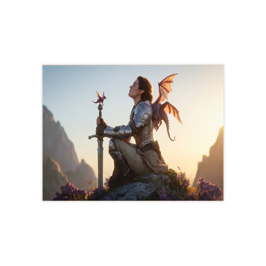 Dragon-Scaled Warrior Ceramic Photo Tile – Sunset Sentinel with Tiny Dragon