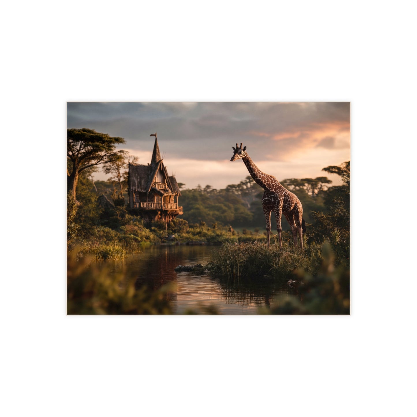 Giraffe by the Waterfall House Ceramic Photo Tile – Sunset Serenity in the Savannah