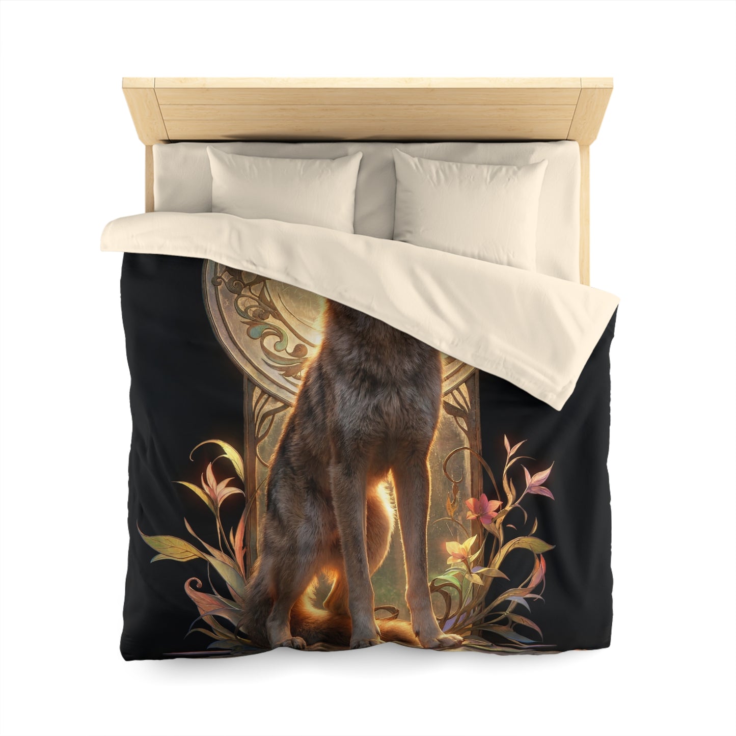 Regal Wolf Throne Duvet Cover – Golden Light Through Art Nouveau Arch