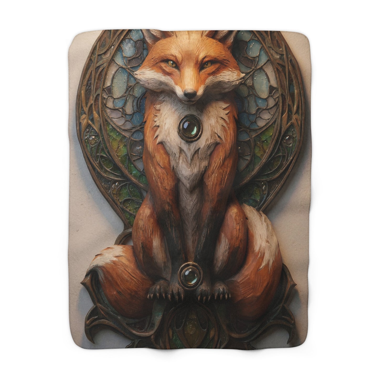 Regal Fox Sentinel Sherpa Fleece Blanket – Stained Glass Guardian Dreamscape