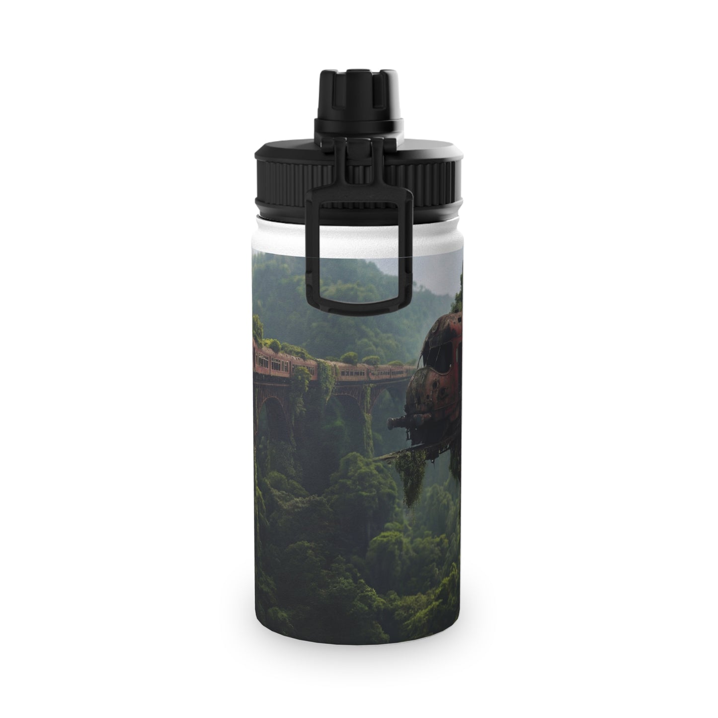 Abandoned Train Through Verdant Canopy Stainless Steel Water Bottle, Sports Lid – Timeless Forest Journey