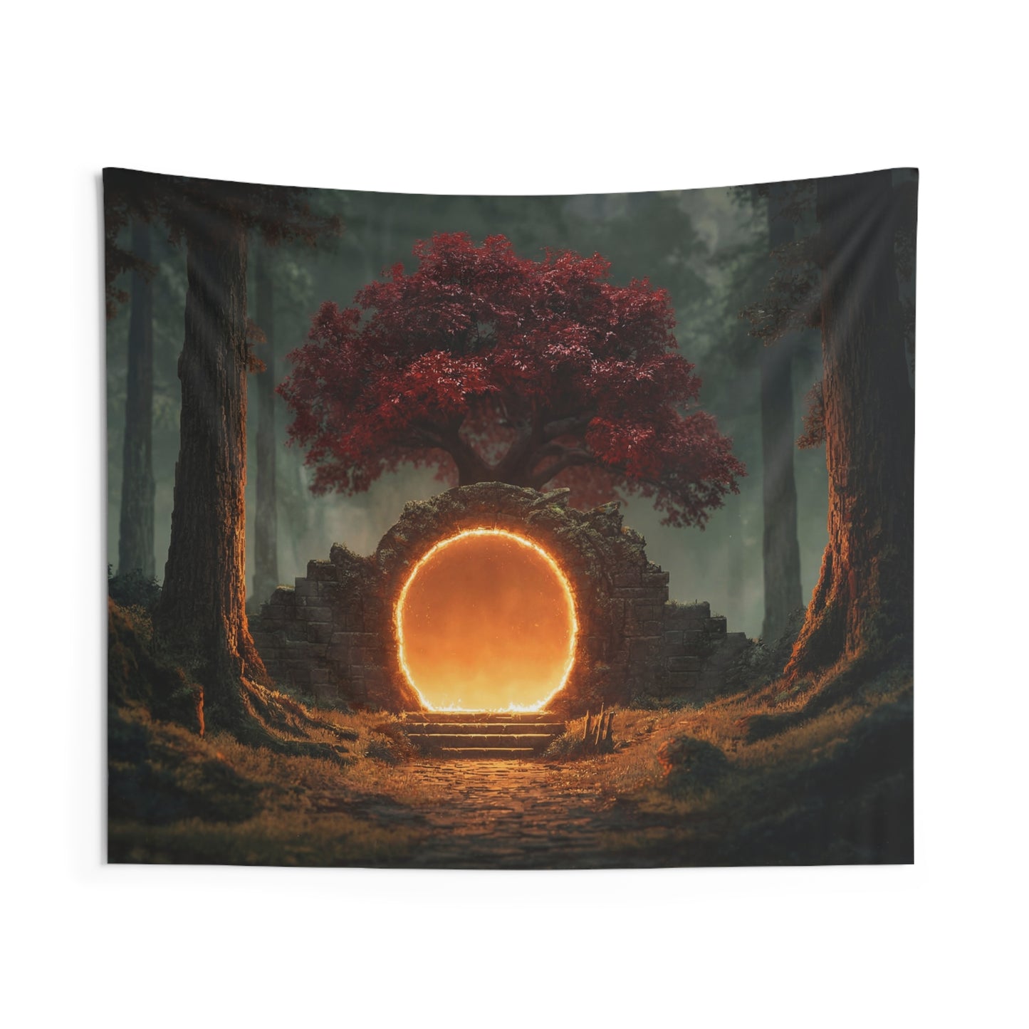 Forest Portal Tapestry – Crimson Tree and Glowing Threshold