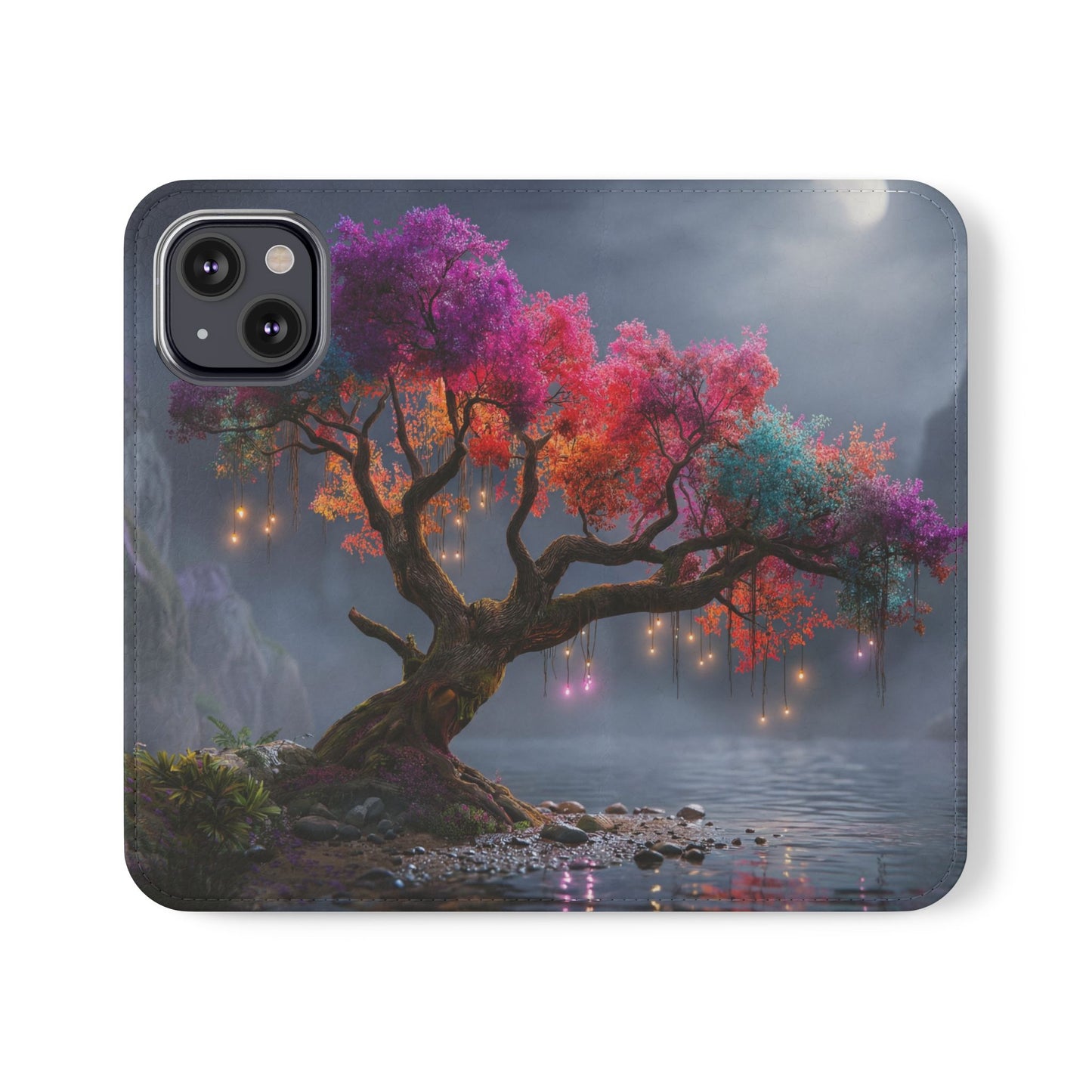 Chromatic Canopy Flip Cases – Rainbow Tree Moonlit Waterfall Scene