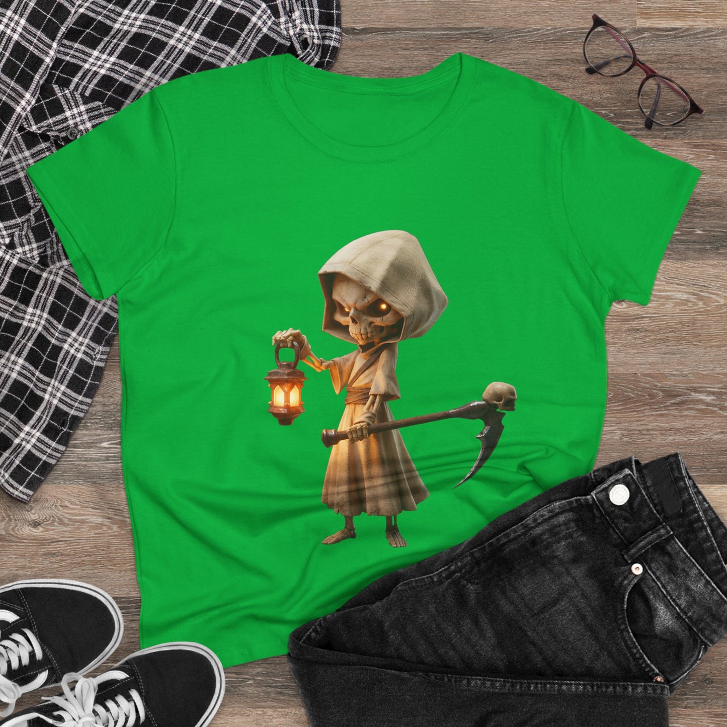 Lantern-Bearing Guardian Women's Midweight Cotton Tee – Hollowed Bone Sentinel