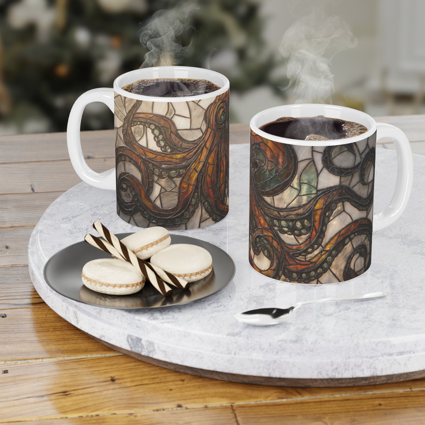 Art Nouveau Octopus Stained Glass Mug – Warm Amber Whirls on Deep Frame
