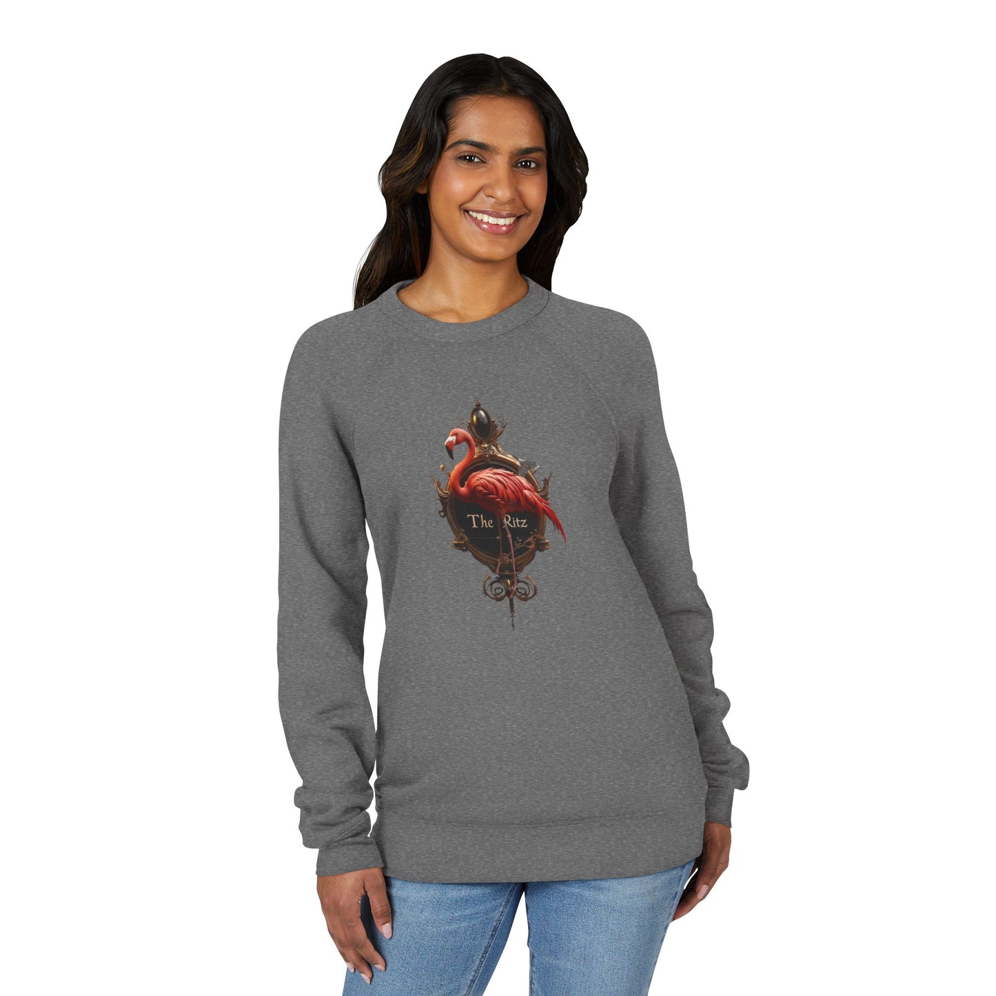 The Ritz Flamingo Raglan Sweatshirt – Opulent Gold Frame & Crimson Bird Art