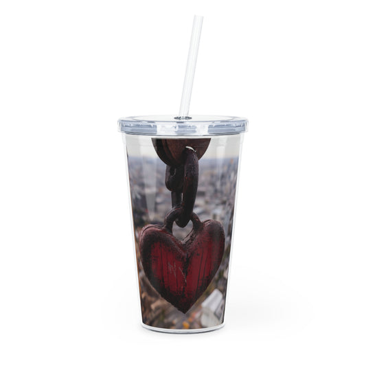 Rust-Heart Tumbler with Straw – Suspended in Urban Twilight