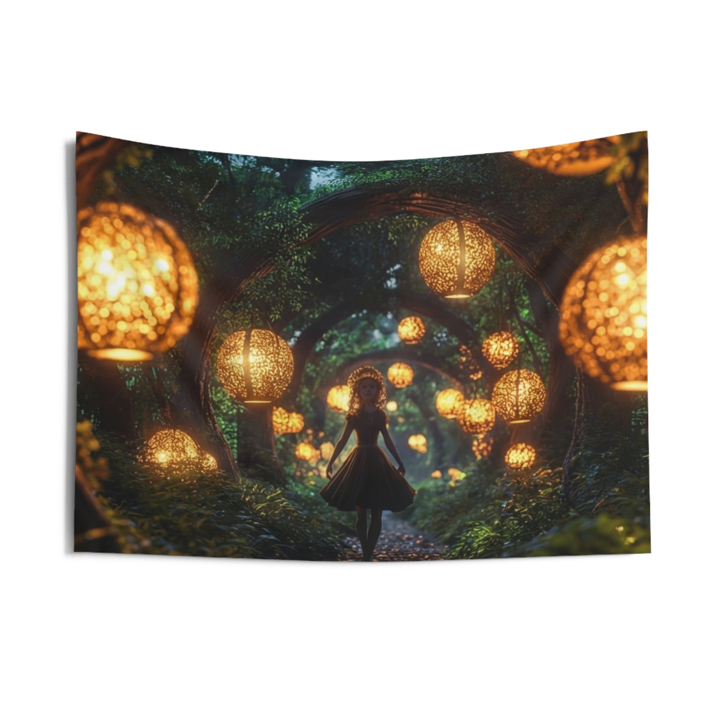 Girl Among Glowing Lanterns Indoor Wall Tapestries – Whispering Forest Pathway