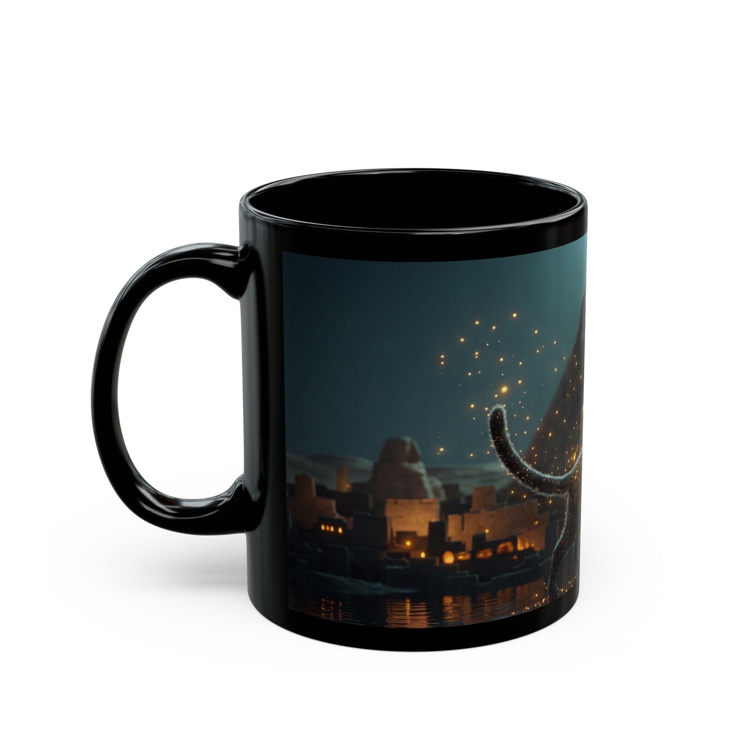 Celestial Cat Black Mug – Moonlit Pyramids Dreamscape