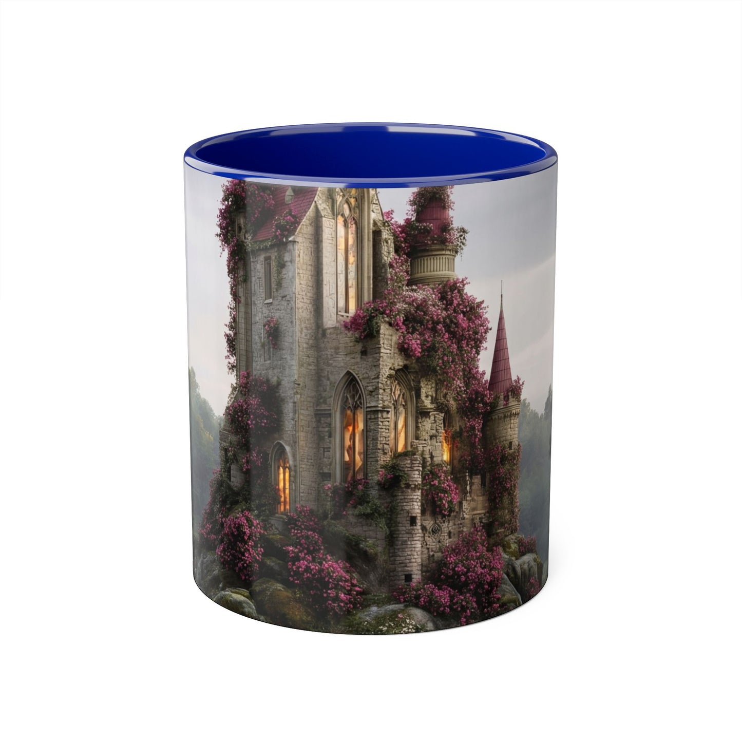 Rose-Covered Tower Accent Mugs, 11oz – Pink Bloomed Gothic Ruin
